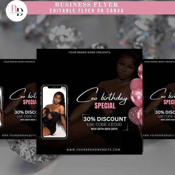 DIY CEO Birthday flyer, Sale, Discount code, Business post, Birthday sale, Bday girl pink and black template, Social media post, Boutique