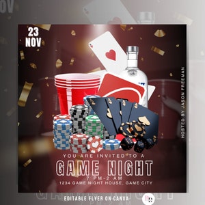 友人や家族向けの DIY ゲームナイト フライヤー、Canva で編集可能、パーティー招待状、ソーシャル メディア投稿、レッド イベント テンプレート
