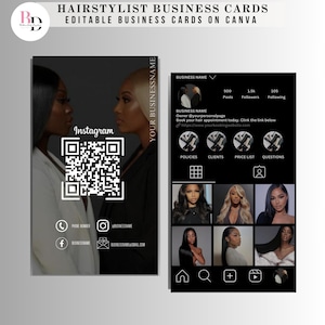 DIY cartes de visite Instagram pour coiffeurs, code QR, informations de contact, cartes modifiables, design noir et blanc