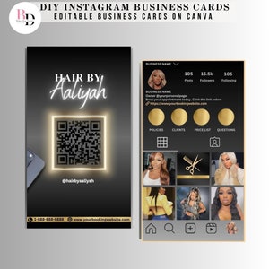 DIY Instagram QR code business cards for hairstylists, Hair salon cards, Editable, Black and gold Luxury glam design