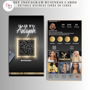 DIY Instagram QR code cartes de visite pour coiffeurs, cartes de salon de coiffure, modifiables, design glamour de luxe noir et or