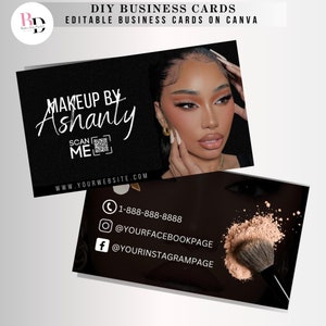 Cartes de visite de maquilleur DIY avec code QR, design de luxe modifiable en noir et marron, maquillage contact, pinceaux, carte de beauté