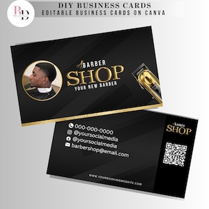DIY kant-en-klare visitekaartjes voor kappers, zwart en goud bewerkbaar sjabloonontwerp, kapperszaak, haarstylist, met QR-code