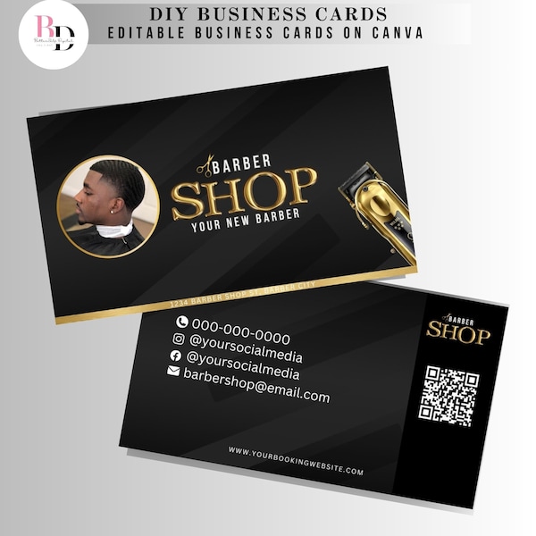 DIY Premade business cards for barbers, Black and Gold editable template design, Barber shop, Hairstylist, With QR code