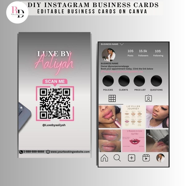 DIY Lip fillers QR code Instagram business cards template, Botox, Lips injection, Editable templates