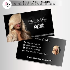 Cartes de visite DIY prêtes à l'emploi pour coiffeur, modèles noirs modifiables sur Canva, code QR, salon de coiffure