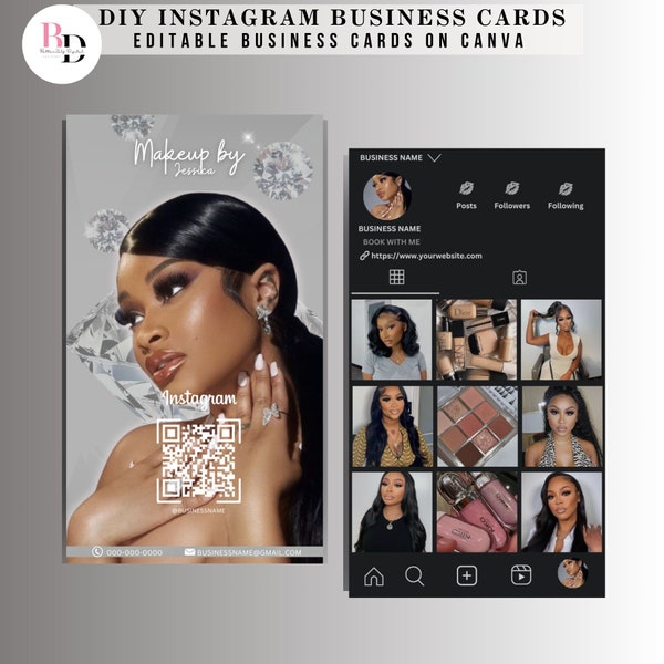 DIY Instagram QR code business cards for makeup artists, Editable template on canva, Black girly Luxury design, diamonds, Glam, Silver