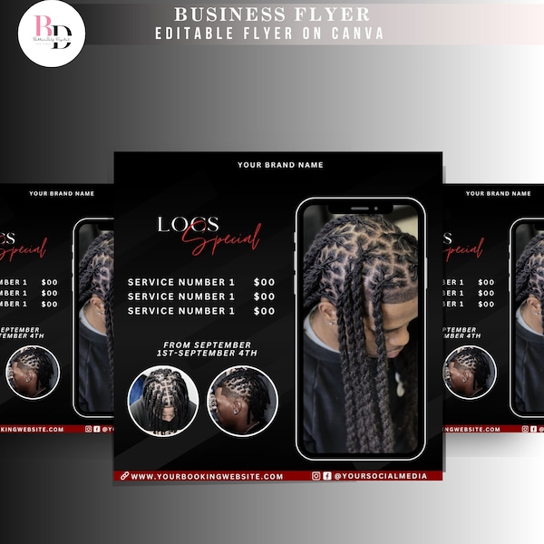 Locs and Styles flyer, Barbershop, Loc Retwist, Editable on canva, Hairstylist, dreadlocks, Retwist, Loctician, Locs special, Red, Book now