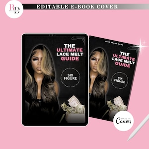 May include: An ebook cover with a black background and a woman with long, dark hair wearing a lace front wig. The text on the cover reads "The Ultimate Lace Melt Guide" and "Six Figure".