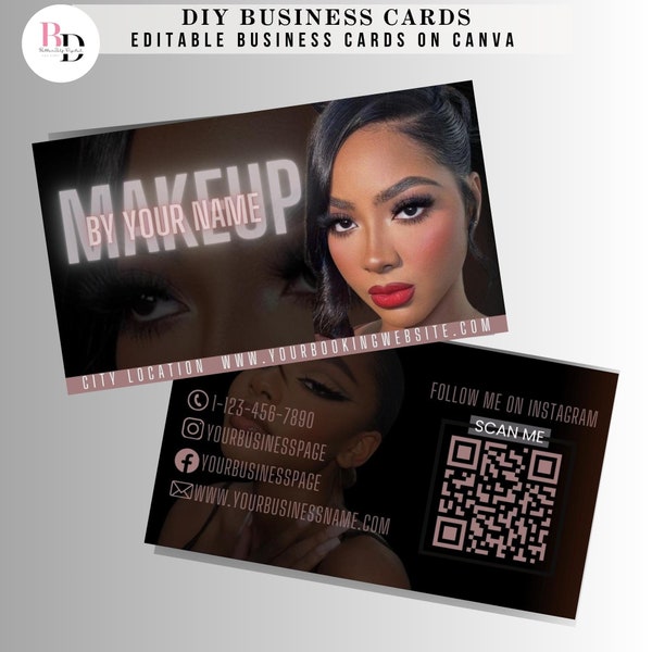 DIY Makeup artist business cards, Instagram QR Code, Makeup, Black and brown design, luxury cards, Marketing