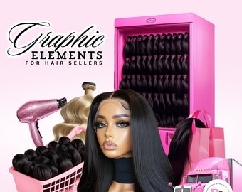 Elementos de diseño gráfico para cabello, descarga instantánea, imágenes prediseñadas de cabello, rosa, femenino, archivos PNG para vendedores de cabello y estilistas, gráficos de belleza glamorosa