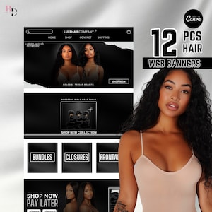 12 schwarze Luxus-Website-Banner-Design, DIY Banner-Kit, Haarverkäufer, Perückenboutique, auf Leinwand bearbeitbar, Haarverlängerung, Shopify, Wix-Vorlage