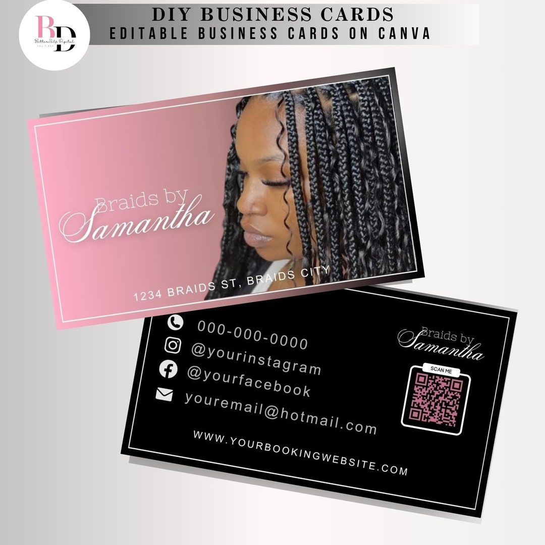 DIY Premade Hair Braider Business Cards, Pink Editable Template on