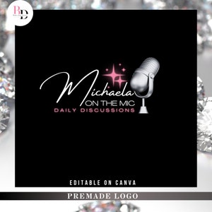 May include: A premade logo for a podcast called "Michaela on the Mic: Daily Discussions". The logo features a silver microphone with pink stars and the text "Michaela on the Mic: Daily Discussions" in white.