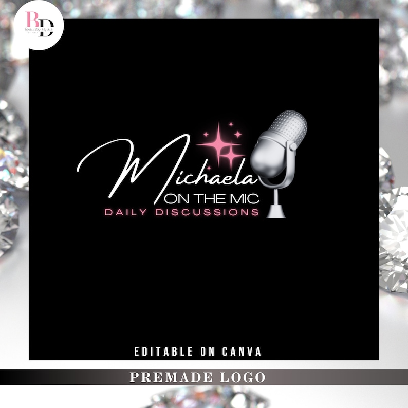 May include: A premade logo for a podcast called "Michaela on the Mic: Daily Discussions". The logo features a silver microphone with pink stars and the text "Michaela on the Mic: Daily Discussions" in white.