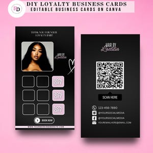 Cartões de visita de fidelidade DIY, editáveis no Canva, cabeleireiro, cílios, maquiagem, unhas, serviços de beleza, cartão de recompensa, desconto, pequenas empresas