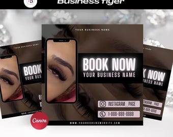 May include: A business flyer design featuring a close-up of an eye with long eyelashes. The flyer includes the text "BOOK NOW" and "YOUR BUSINESS NAME" in white on a black background. Contact information and the Canva logo are also visible.