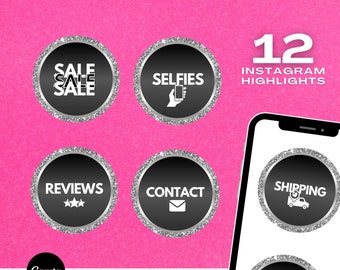 Könnte beinhalten: Zwölf schwarze und silberne Instagram-Highlight-Cover mit verschiedenen Symbolen und Text. Die Symbole umfassen einen Einkaufswagen, ein Telefon, einen Umschlag und Sterne. Der Text umfasst "Sale", "Selfies", "Bewertungen", "Kontakt", "Versand" und "Über uns".