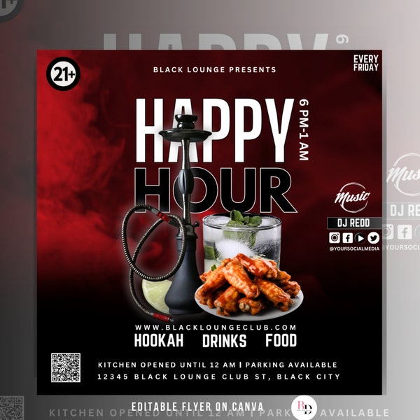 DIY Hookah flyer, Red, editable on canva, Club flyer, Event flyer, Shisha, lounge, Hookah business, Flyer invites, Social media template