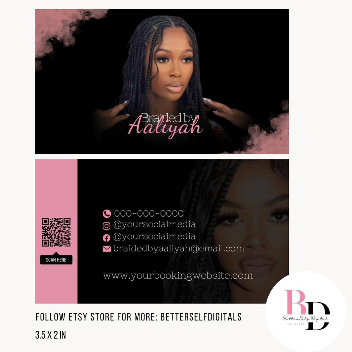 DIY Premade Hair Braider Business Cards Pink Editable Etsy Canada