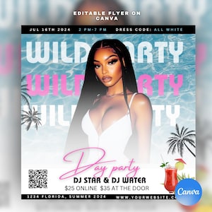 Day party flyer, Editable on Canva, Summer, Club, Event flyer, Lounge flyer, DIY template with QR code , Blue - White