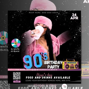 Invitaciones de volante de cumpleaños de los 90, Vieja escuela, fiesta de hip hop, Editable en Canva, Rosa, Azul, Negro, Folleto de evento, Cumpleañera