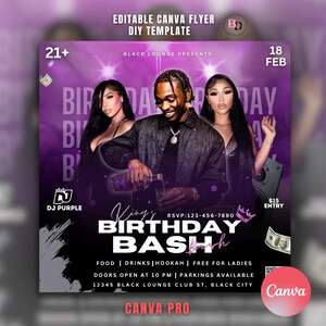 May include: Purple flyer for a birthday bash with the text "King's Birthday Bash". The flyer includes images of three people, the date, and event details. The flyer also includes the text "Editable Canva Flyer DIY Template".