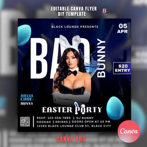 Editable Easter party flyer template, Night club flyer design, Bunny, Event, DIY Canva template, Lounge, DJ flyer, Adult party
