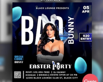 Modèle de flyer de fête de Pâques modifiable, conception de flyer de boîte de nuit, lapin, événement, modèle de toile de bricolage, salon, flyer DJ, fête d'adultes