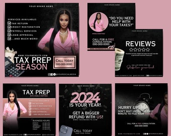 Paquete de folletos de preparación de impuestos, temporada de impuestos, reparación de crédito, negro y rosa, consultor asistente, publicaciones de Instagram y Facebook, publicaciones comerciales