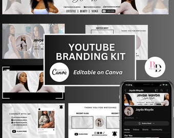 DIY White and Black YouTube branding kit, Neutral/minimalist design, Editable on Canva, Banners - Intros - Outros
