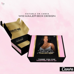 DIY Wig mailer box design, Packaging design, Hair extensions, Bundles box, Editable on Canva, Hair seller, Premade, Pink -Black -Gold, luxe