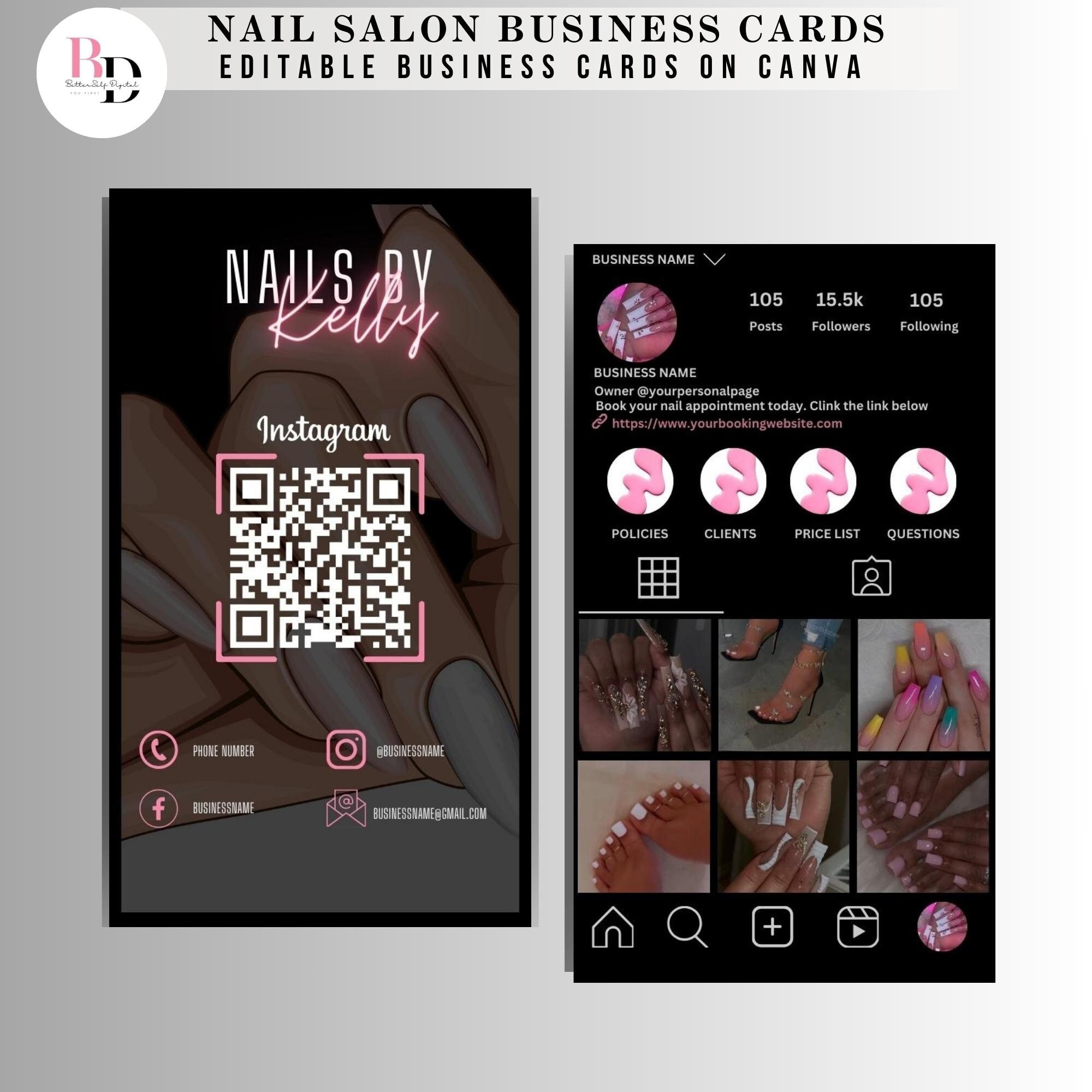 DIY Instagram QR code cartes de visite, salon de manucure, artiste d'ongles, modèle modifiable, design noir et rose