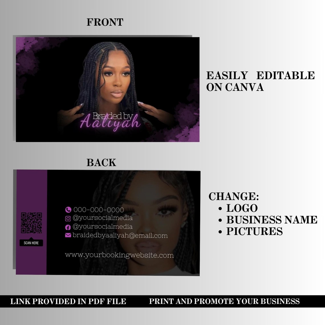 DIY Premade Hair Braider Business Cards Purple Editable Etsy