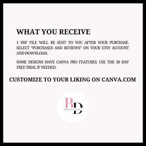 May include: Text on a white background that reads "WHAT YOU RECEIVE" followed by instructions on how to download a PDF file after purchase. The text also mentions that some designs have Canva Pro features and that a free trial is available. The text concludes with "CUSTOMIZE TO YOUR LIKING ON CANVA.COM" and a logo that reads "Betterly Digital".