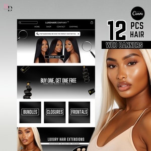 12 schwarze Luxus-Website-Banner-Design, DIY Banner-Kit, Haarverkäufer, Perückenboutique, auf Leinwand bearbeitbar, Haarverlängerung, Shopify, Wix-Vorlage