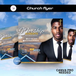 以下が含まれることがあります： スーツとネクタイを着た男性が青い背景に映し出された教会のチラシ。チラシには「Worship Sundays」という文字と電話番号123-456-7890が記載されています。また、ソーシャルメディアのハンドルネーム@YOURSOCIALMEDIAと「Join us every Sunday」という文字も記載されています。