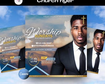 Peut inclure: Une affiche d'église avec un fond bleu et blanc représentant un homme en costume et cravate. L'affiche annonce un service de culte avec le texte "Worship Sundays" et le numéro de téléphone 123-456-7890. L'affiche comprend également le nom de profil sur les réseaux sociaux @YOURSOCIALMEDIA et le texte "Rejoignez-nous tous les dimanches".