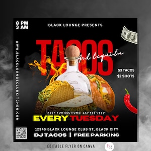Tacos and tequila event flyer, Editable on Canva, Club flyer, Tacos tuesday, Menu Flyer, Food flyer, Social media invitation flyer