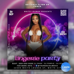 May include: A flyer for a lingerie party on September 26th. The flyer features a woman in a white lingerie set, a neon pink and blue background, and the text "Lingerie Party".