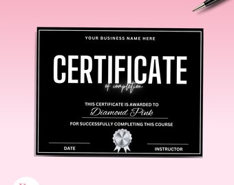 DIY Certificate of completion template, Reward, Masterclass, Lashes, Nails, Makeup, Hair, Lace class, Training certificate, Course, Black