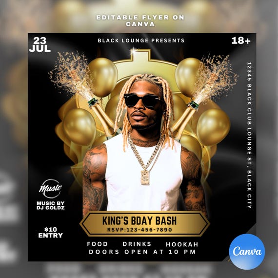 Premade Male birthday flyer invitation, Editable on Canva, Party, Event flyer, Bday bash, Men, Instagram flyer, DIY, Club, Celebration, Gold