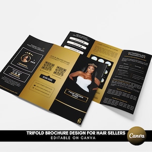 Modèle de brochure DIY à trois volets, Noir et or, Coiffeur, Coiffeur, Imprimable, Rallonges de cheveux, Flyer prédéfini, Beauté, Business
