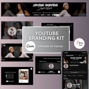 DIY Black and White YouTube branding kit, Neutral/minimalist design, Editable on Canva, Banners - Intros - Outros