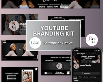 DIY Black and White YouTube branding kit, Neutral/minimalist design, Editable on Canva, Banners - Intros - Outros