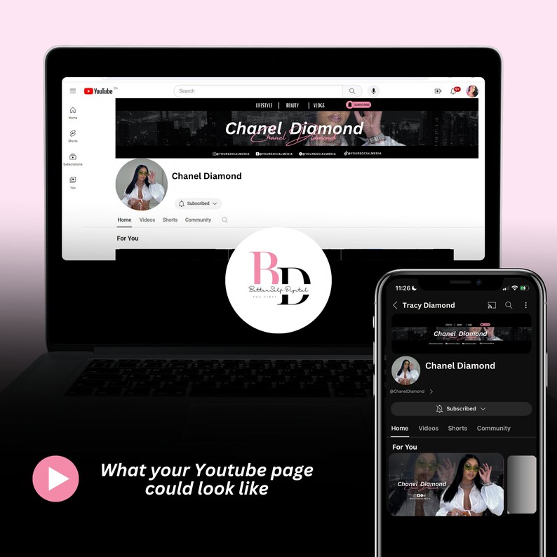 May include: A screenshot of a YouTube channel page for "Chanel Diamond". The page features a banner image with a city skyline and the text "Chanel Diamond". The profile picture is a woman with dark hair and a white top. The channel has a "Subscribed" button and tabs for "Home", "Videos", "Shorts", and "Community".