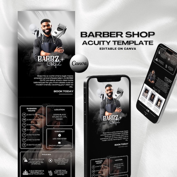 Editable Barber Acuity scheduling website template, Canva design, Website design, Barbershop