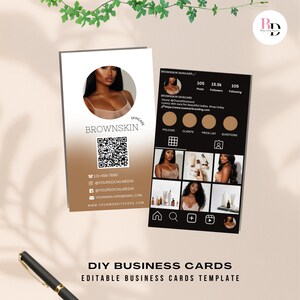 Könnte beinhalten: Eine schwarze und goldene Visitenkartenvorlage für ein Hautpflegeunternehmen namens Brownskin. Die Karte enthält einen QR-Code, Kontaktinformationen und ein Raster mit Bildern. Der Text "DIY Business Cards Editable Business Cards Template" befindet sich am unteren Rand der Karte.