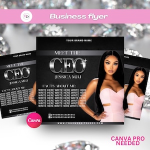 May include: Black and white business flyer with a silver and black "Meet the CEO" graphic. The flyer features a photo of a woman with long black hair wearing a pink top. The text "Jessica M.B.I." is below the CEO graphic. The flyer includes the text "Facts About Me:" followed by a list of placeholders for text. The flyer also includes social media icons and a website address.