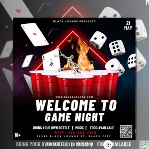 Folheto de noite de jogo faça você mesmo para amigos e familiares, design 3D, editável no Canva Pro, convite para festa, neon vermelho, modelo faça você mesmo, código QR